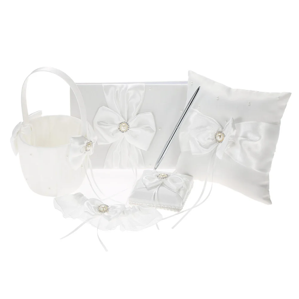 

5pcs Satin Flower Girl Basket + 7 * 7 inches Ring Bearer Pillow + Guest Book + Pen Holder + Bride Garter Set Wedding Supplies