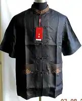 Summer Black Chinese tradition 100% silk Men's KungFu shirt top Short Sleeves Size S to XXXL YF1154