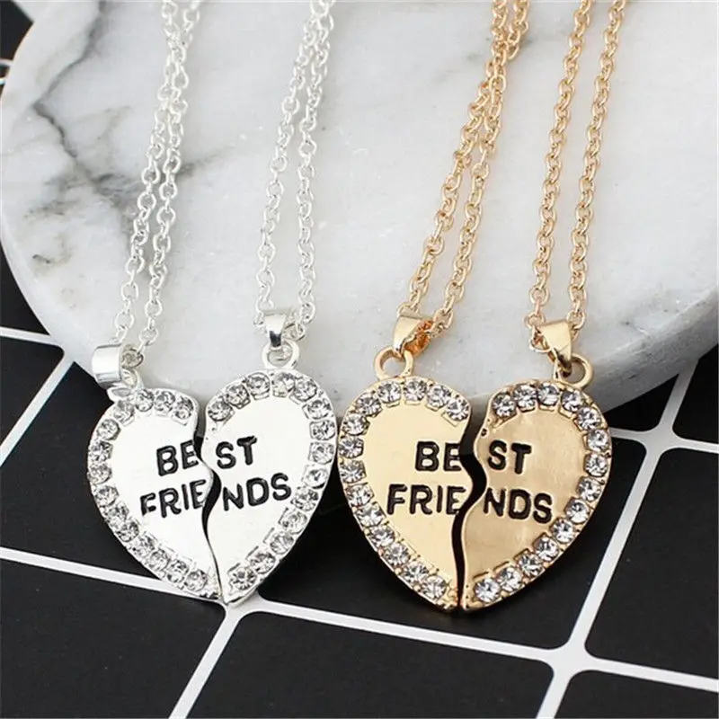 

Best Friend BFF Gift Heart Gold Silver Rhinestone 2 Pendants Necklace Bff Friendship