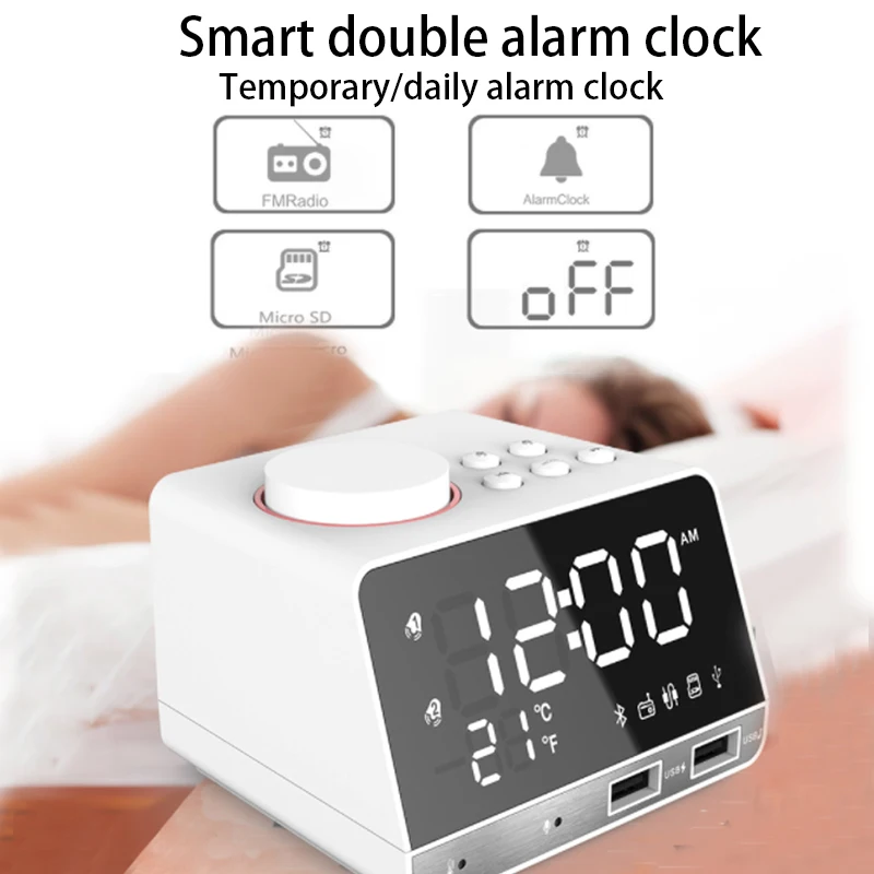 

Bluetooth Radio Alarm Clock Digital Alarm Clock Speaker Temperature 2 USB Ports LED Display Table Snooze Table Clock Home Decor