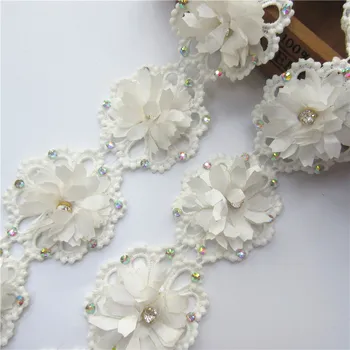 

1y White Cotton Rhinestone Diamond Flower Embroidered Lace Trim Ribbon Fabric Sewing Craft For Costume Dress Hat Decoration 65mm