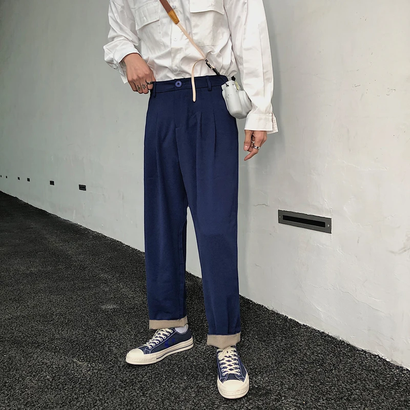 В японском стиле нейтральные плиссированные однотонные брюки мужские ...