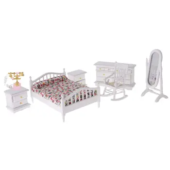 

1:12 Scale Wooden Dollhouse Bedroom Furniture Model Set Miniature Doll House Accessories Toys Birthday Gift for Children Kids