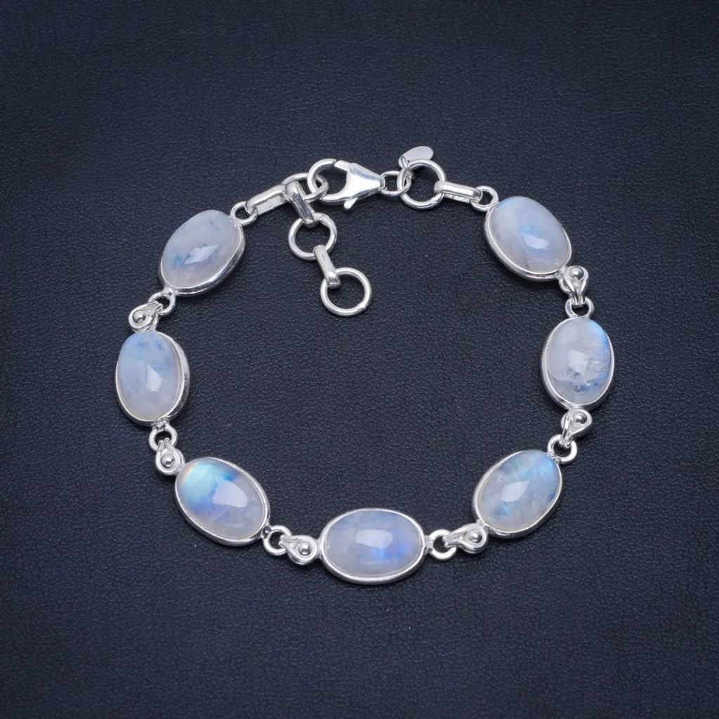 

Natural Rainbow Moonstone Handmade Unique 925 Sterling Silver Bracelet 6.75-7.5" A2835