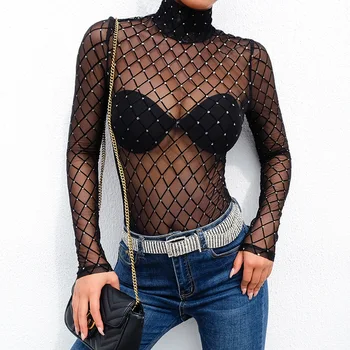 

Ladies Bodysuits Translucent Mesh Grid Elastic Sexy Bodysuit Women Night Club Turtleneck Jumpsuits