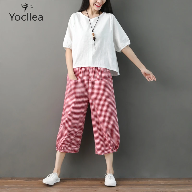 

Womens 2 piece sets 2019 Summer Cotton Linen women Suits Girl korean t shirt +Plaid Calf length Pants sets Casual clothes