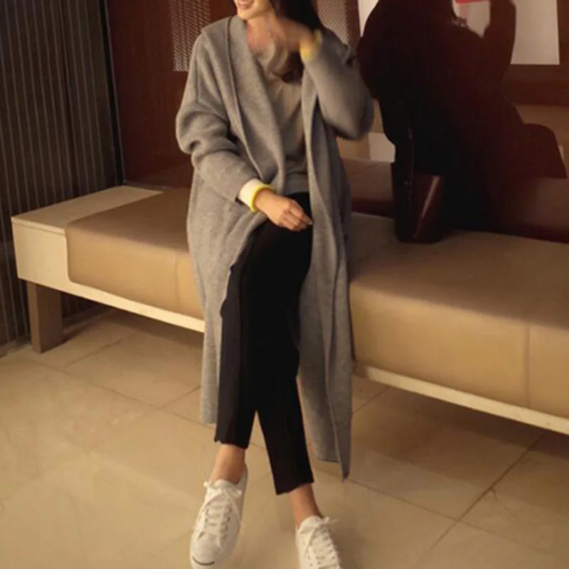 Women Gray Warm Coat Loose Knit Sweater Cardigan Oversize Outwears