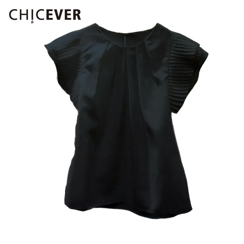 CHICEVER оборками белые женские топы и блузки с круглым вырезом короткий рукав тонкий черный женские рубашки корейская мода повседневная одежда новая