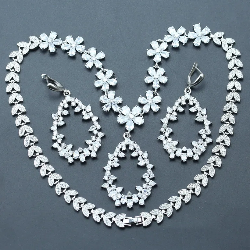 

White Purple Red Pink CZ Brides Jewelry Necklace Earrings For Women Silver Fashion luxury Jewelry Sets For Wedding Gift