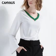 Весенняя новая одежда, хлопковая тонкая Лоскутная белая футболка с v-образным вырезом и длинным рукавом, Женский Топ, футболка, женская элегантная простая модная женская футболка