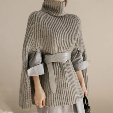 

Solid Color Batwing Cloak Sleeve Cape Sweater Turtleneck Women Fashion Pullover Stylish Winter New Ladies Knitwear Sueter Femme