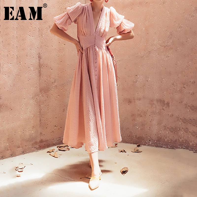 

[EAM] 2019 New Spring Summer V-collar Lantern Sleeve Pleated Split Joint Three-dimensional Temperament Dress Women Fashion JS706