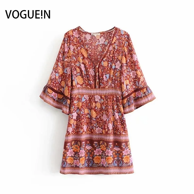 VOGUEIN Новое Женское этническое платье с цветочным принтом расклешенными рукавами