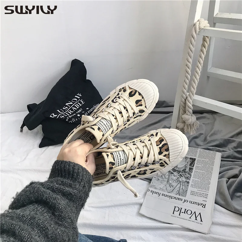 SWYIVY Chaussure Femme парусиновая обувь женские кроссовки Осенняя повседневная обувь женские леопардовые кроссовки на плоской подошве женская обувь