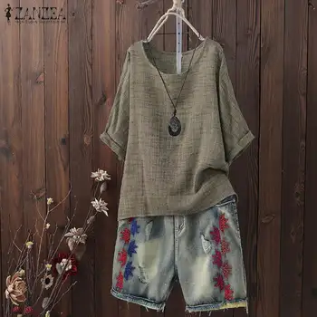 

2020 ZANZEA Summer Blouse Women Casual O Neck Short Sleeve Vintage Tops Tunic Femininas Loose Shirt Solid Robe Blusas Chemise