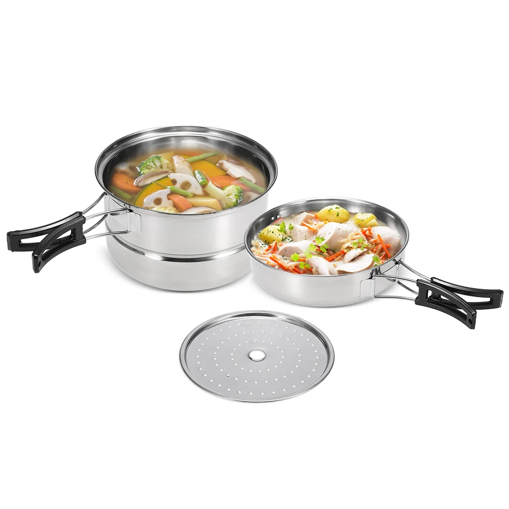 3Pc Ultralight Camping Cookware Set Stainless Steel Pot Frying Pan
