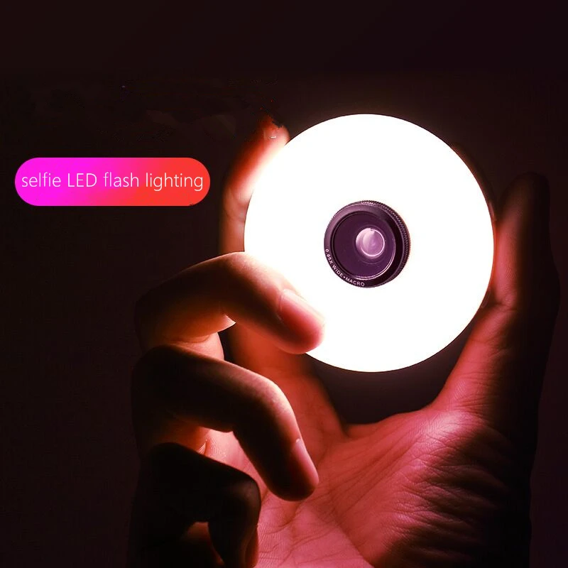 الأصلي تصميم led Selfie المحمولة ضوء فلاش ، الهاتف واسعة الزاوية كاميرا ، الهاتف المحمول عين السمكة العدسات مع مصباح مصمم على شكل حلقة تعزيز