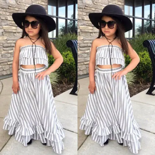 

Summer Kid Baby Girl Striped Tops Long Skirts Dress Sundress 2Pcs Outfit Clothes