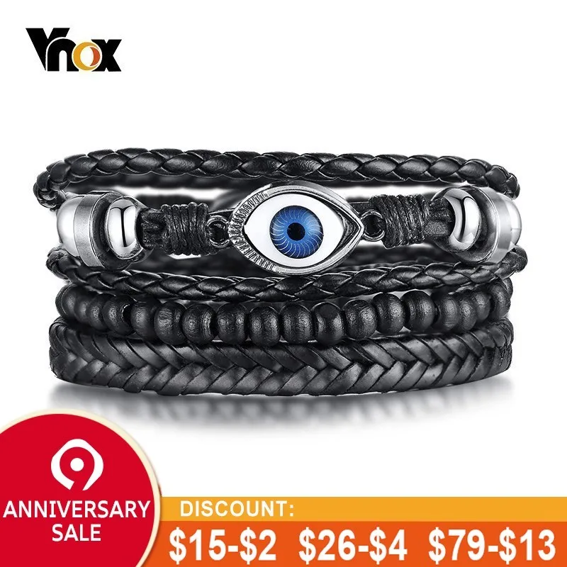 

Vnox Classic Multi-layer Wrap Bracelets for Men Black Leather 4 in 1 Fashion Brand Jewelry