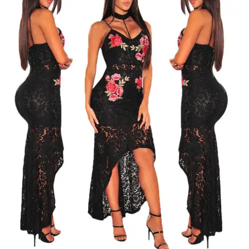 

2019 Womens Bodycon Plunge Slim Sexy Hollow Out Black Rose Floral Lace Strappy Ladies Party Evening Midi Dress Size S-XL V-neck