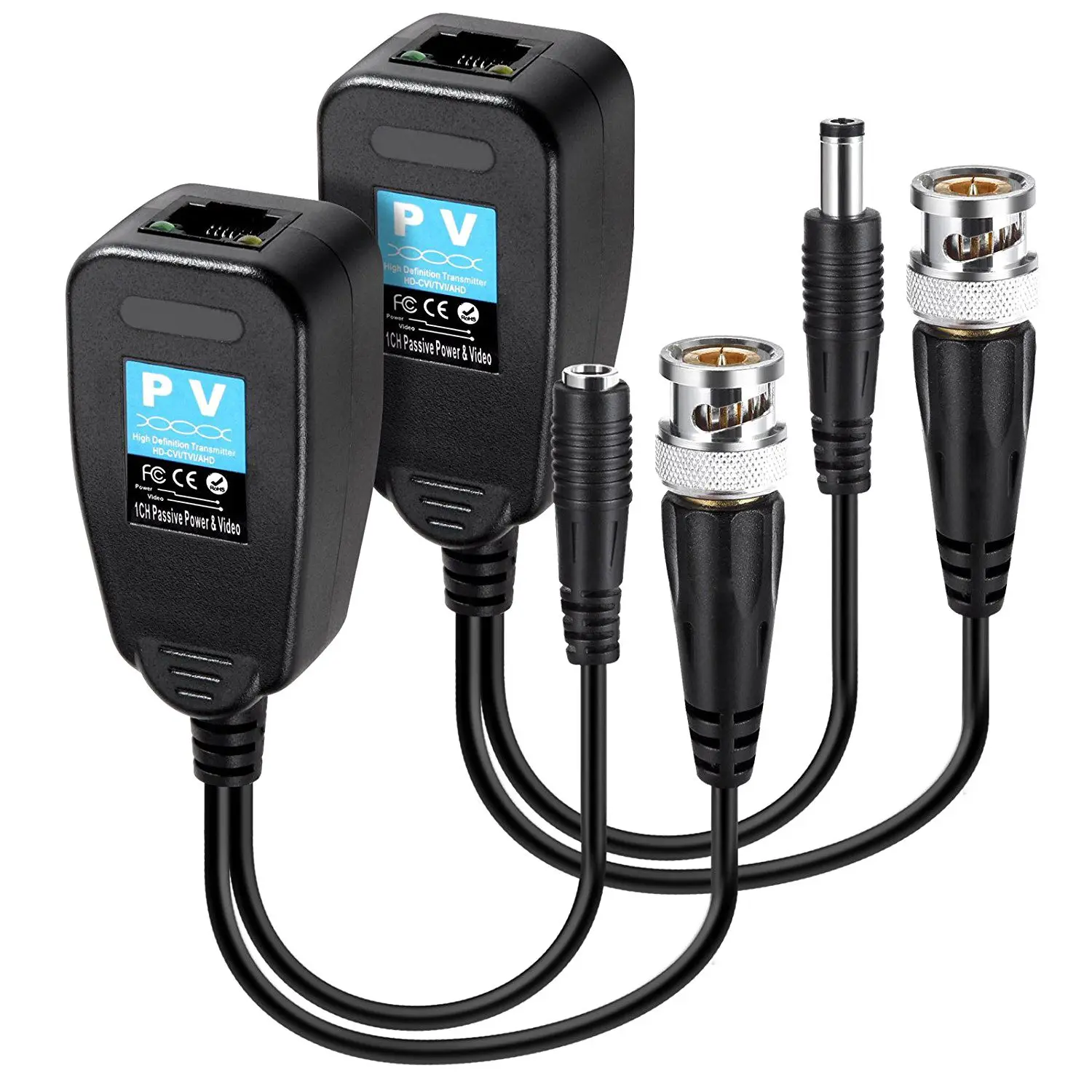 

HD-CVI/TVI/AHD Passive Video Balun with Power Connector and RJ45 CAT5 Data Transmitter 1 Pair