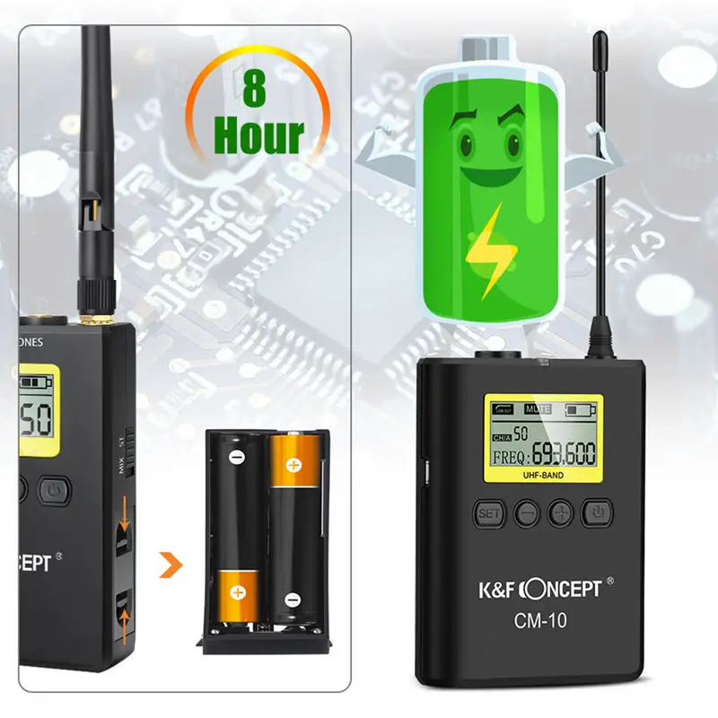 K & F مفهوم Cm-10 Uhf 100 M ميكروفون لاسلكي مهني نظام استقبال + 2 الارسال ل Dslr كاميرا مسجّل وكاميرا فيديو Mic