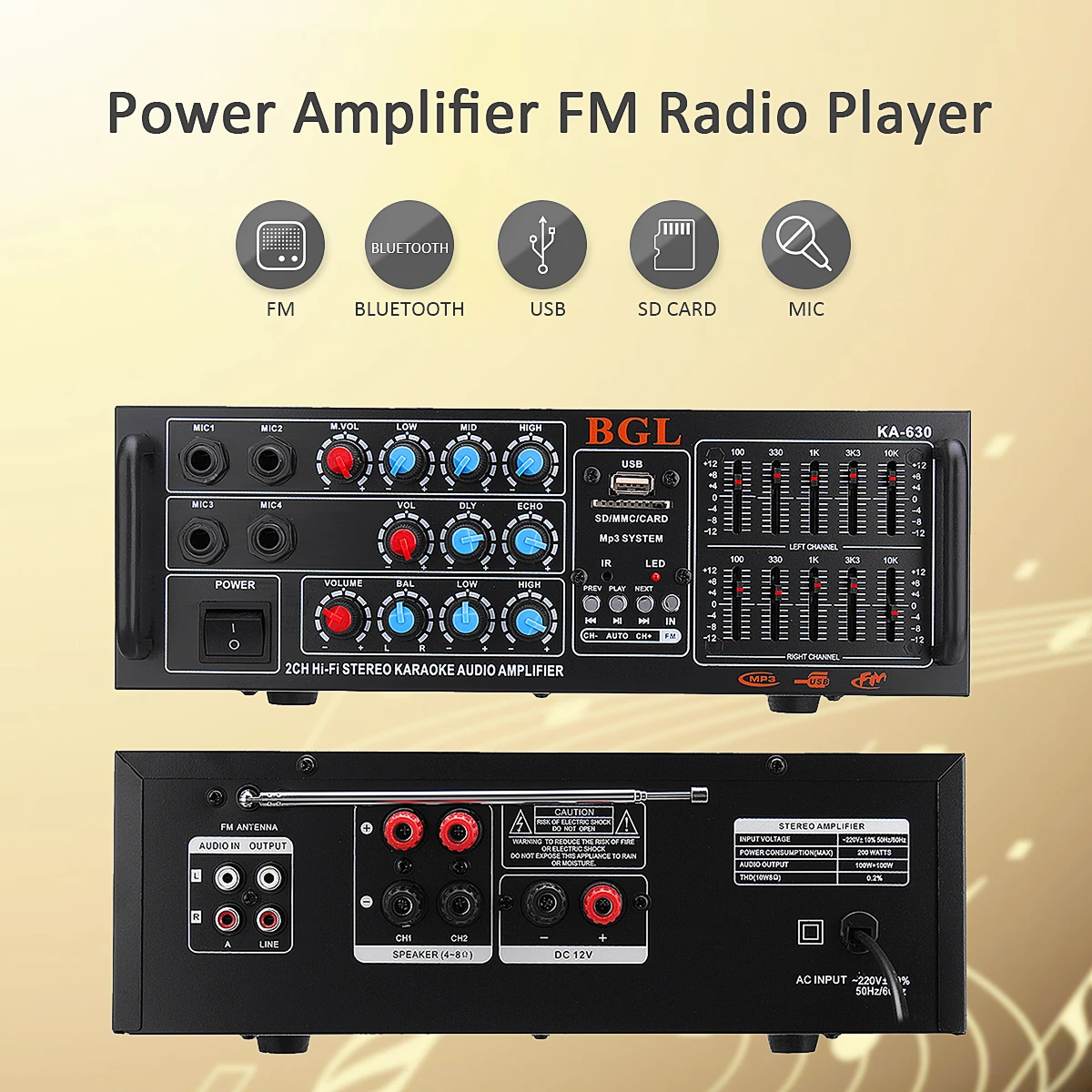 

12V/ 220V Audio Car Amplifier Bluetooth Stereo Power Amplifier Karaoke Home Theater Amplifiers Speaker FM Radio Player
