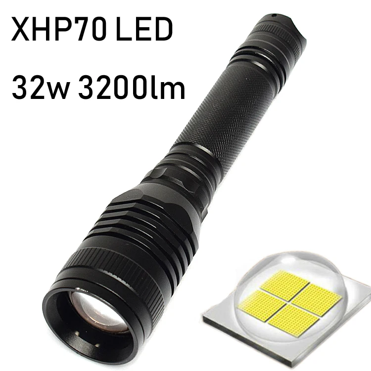 

Powerful Tactical LED flashlight zoom Lantern power by 18650 battery 32w chip xlamp CREE XHP70 32000lm household torch