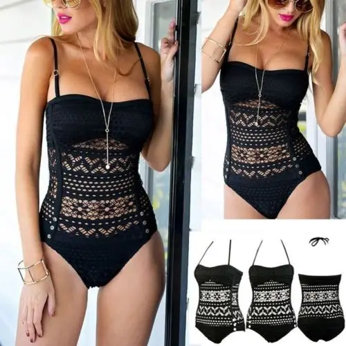 

Women One Piece Swimsuit Plus Size 2019 Sexy Black Hollow Swimwear Solid Bodysuit Female Bathing Suit Ladies Beachwear Monokini