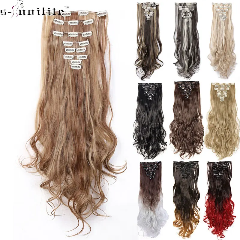 

SNOILITE 24inch 8pcs/set Wavy 18 Clips in False Hair Styling Synthetic Hair Extensions Hairpiece Extension hair