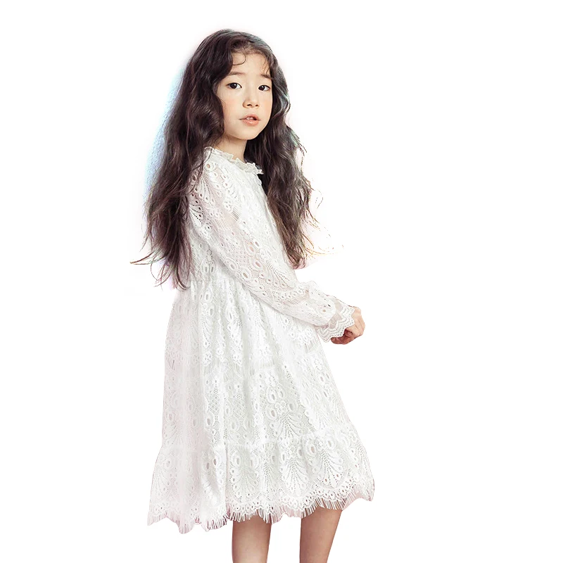 Белые кружевные платья с цветочным узором для девочек возрастом от 4 до 14 лет, платье для выпускного для девочек-подростков, осенне-зимнее платье с длинными рукавами детское платье