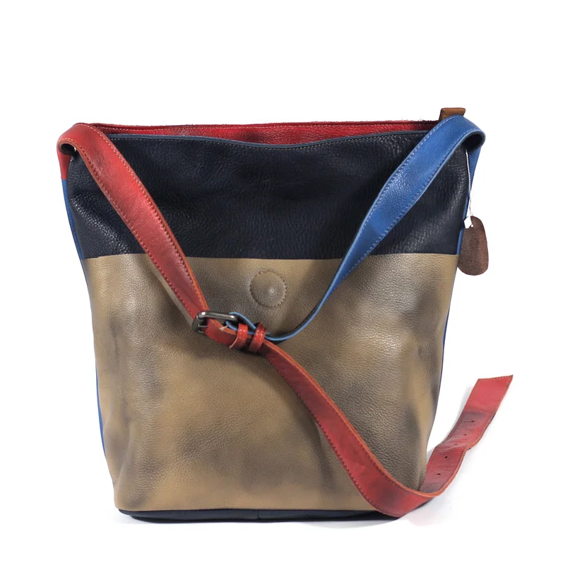 

Women Shoulder Leather Bags Panelled Large Genuine Leather Vintage Casual Tote Female Patchwork Sot Skin Cross body Handbag