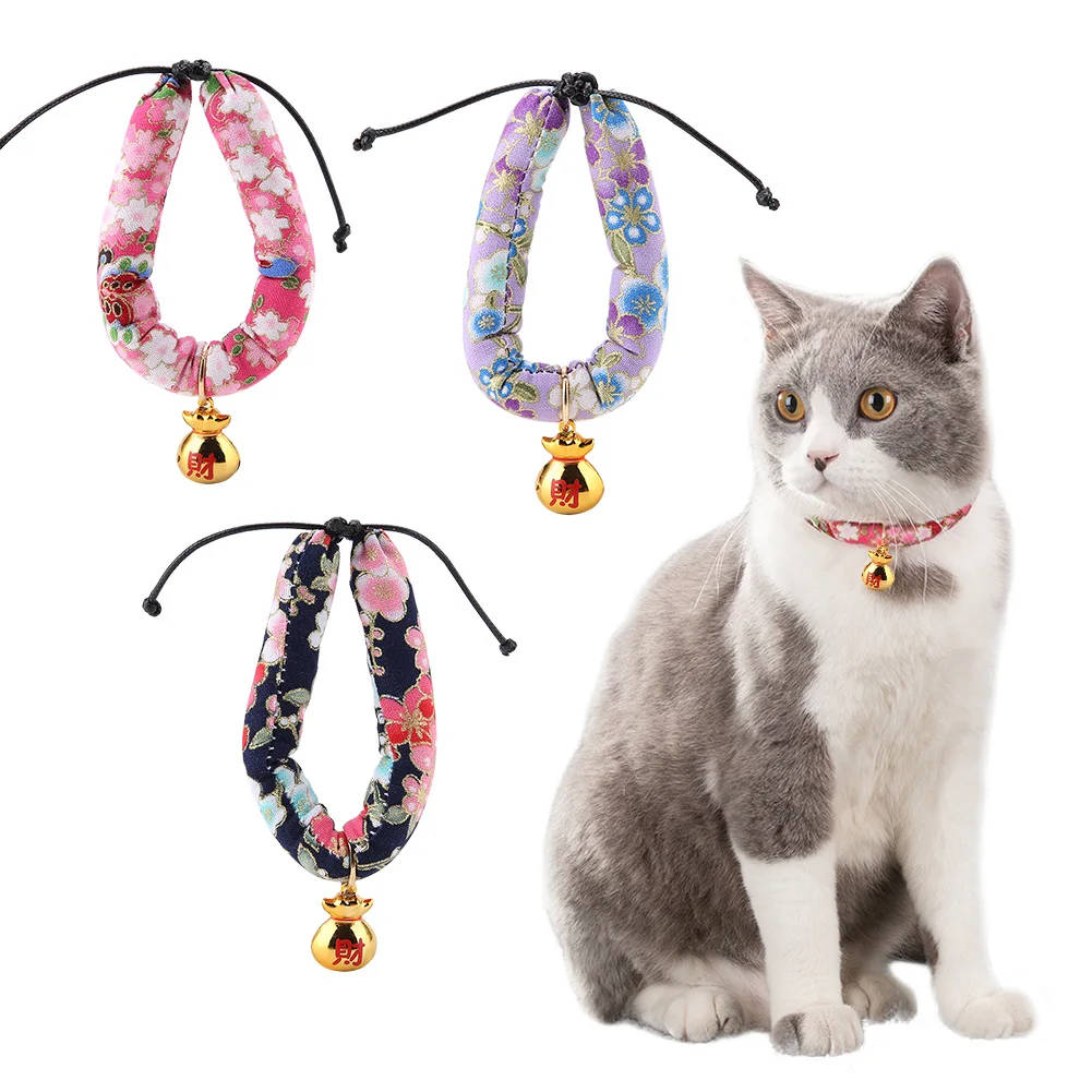 

Japanese-style Collar with Bell for Cats Small Dog Poodles Pattern Print Collar Welcome Cat Collar