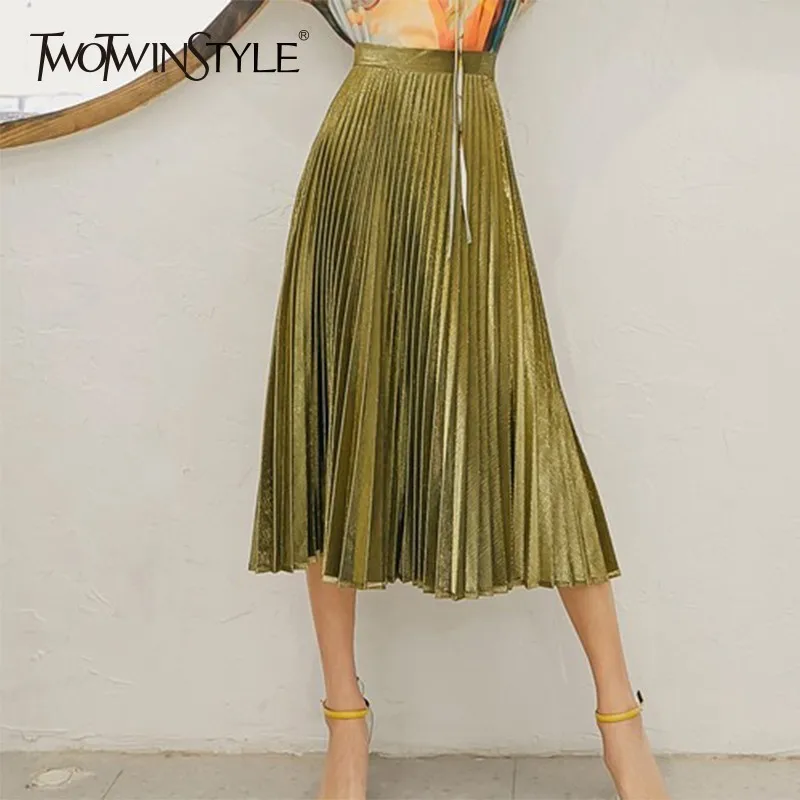 

TWOTWINSTYLE Vintage Golden Skirts For Women High Waist Midi Pleated Skirt Female Spring 2019 Korean Fashion Oversized