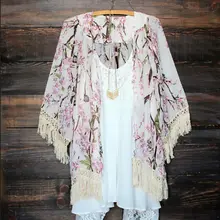 Для женщин Boho Цветочные кружево накидка с кисточками до пляжное платье кимоно рубашка Купальники для малышек Сарафан