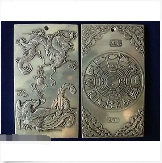 

Old Chinese tibet Silver Dragon Phoenix lucky Bullion thanka amulet thangka