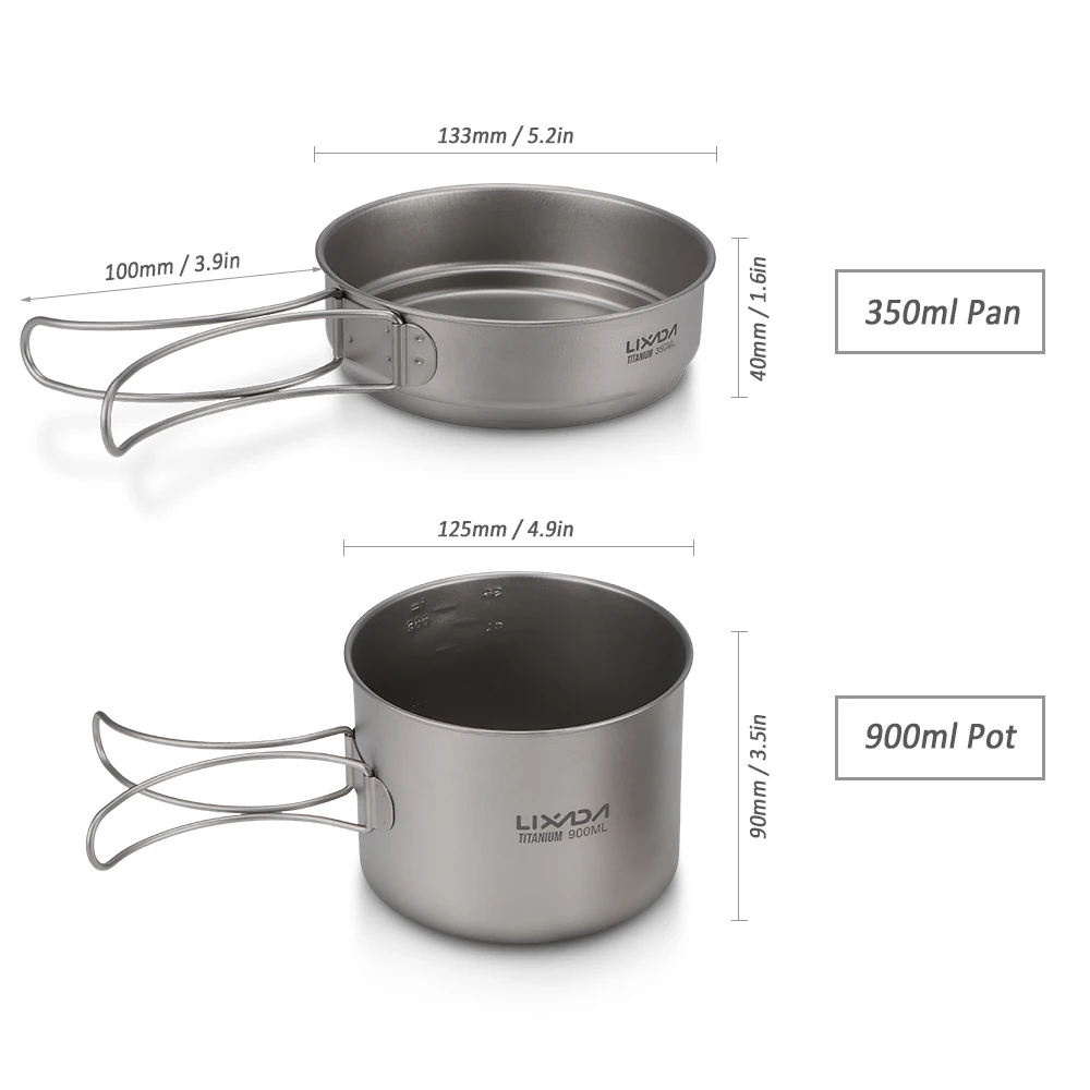 Lixada ultraligero de titanio Cookset Camping al aire libre de utensilios de cocina conjunto de Camping al aire libre 900 ml olla y 350 ml Fry Pa plegable con manijas