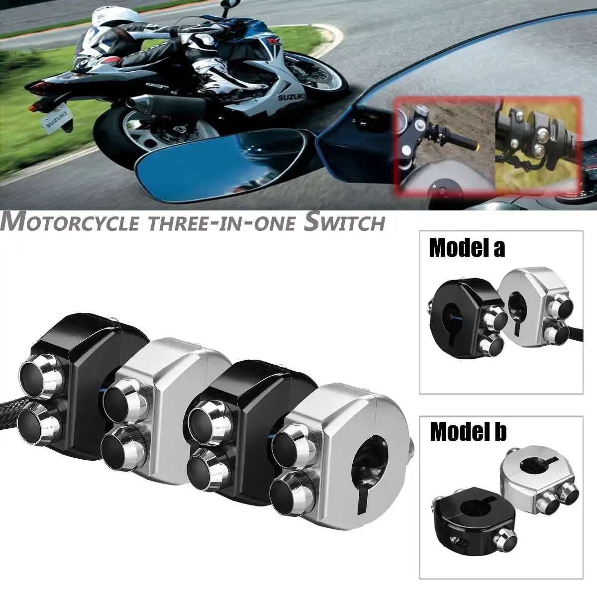 

2x CNC 3 In 1 Universal Momentary Latching Switch Motorcycle Handlebar Switch 22mm Waterproof Aluminium Alloy Motorbike Switch