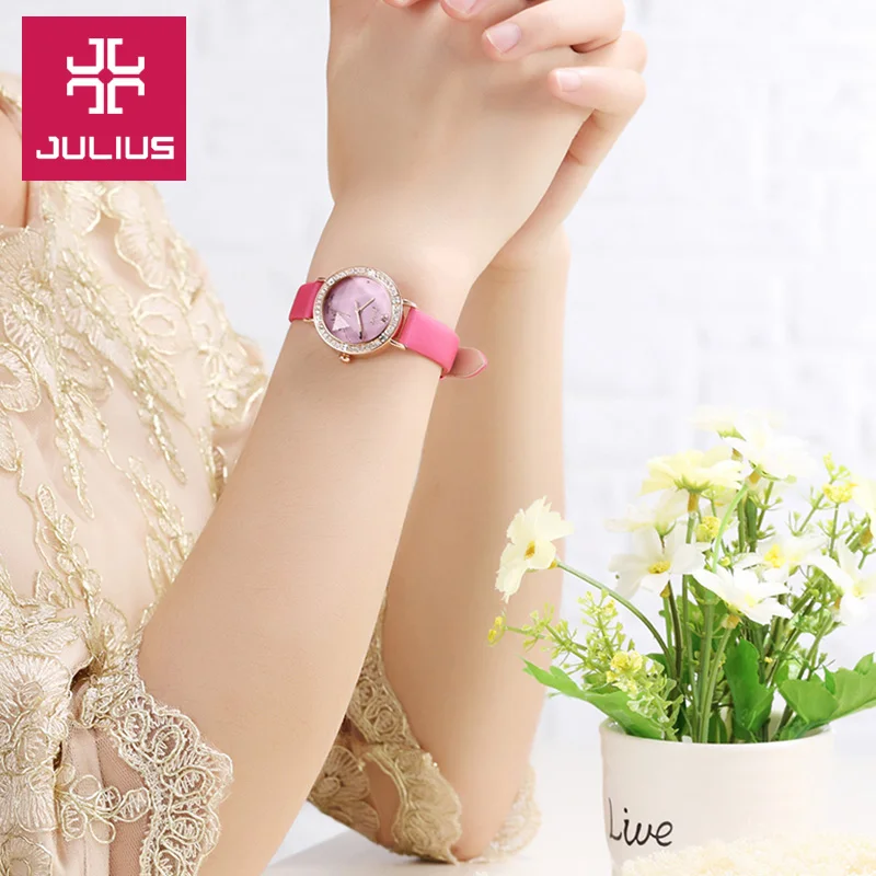 Bling Star Cut Glass Lady Women's Watch Japan Quartz Hours Fine Fashion Bracelet Real Leather Girl's Birthday Gift Julius No Box