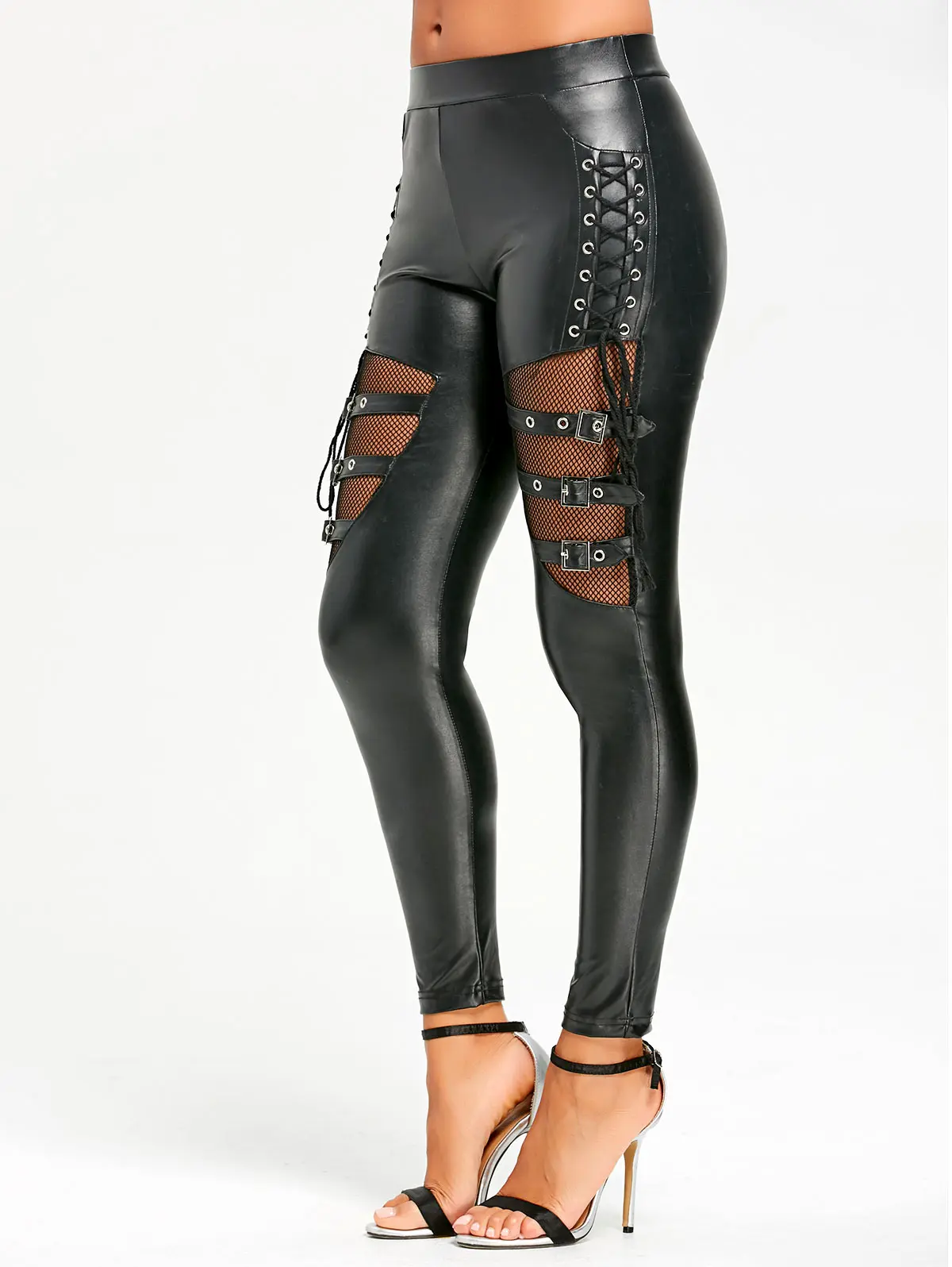 Wipalo Женские брюки из искусственной кожи на флисе со вставками из сеточки и ремнями, панк, готический стиль, сексуальные кожаные штаны