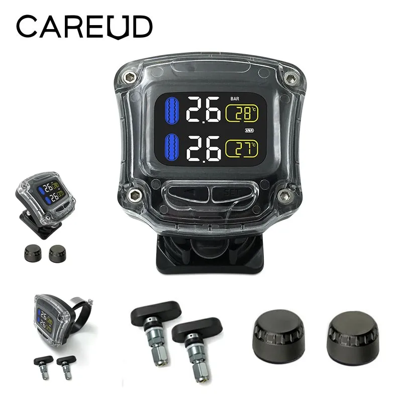 

CAREUD M3-B-WI-H Motorcycle Wireless TPMS LCD Display Moto Tire Pressure Monitoring System With External/Internal Sensor