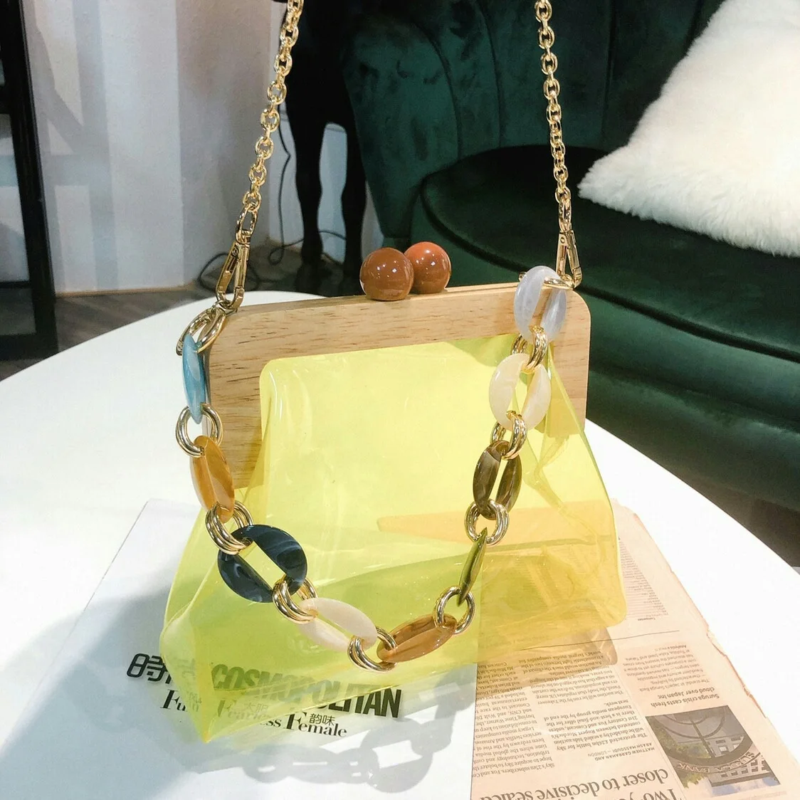 

[Telastar] Transparent PVC Jelly Bag Wood Purse Frame Handbag Clear Plastic Bag Acrylic Chain Shoulder Women Bag 2019 Summer