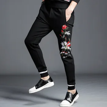 

#1829 Floral Embroidery Chinese Style Streetwear Skinny Sweatpants Joggers Men High Street Elastic Waist Sweatpants Big Size 6XL