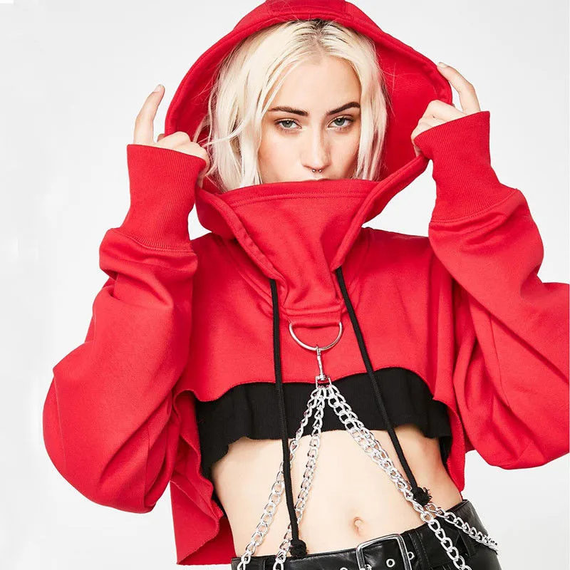 2019 Women Cool Girl Gothic Punk Square Black White Red Long Sleeve Hoodie Sweatshirt Chain Jumper Crop Top Pullovers Short Tops 2019 Women Cool Girl Gothic Punk Square Black White Red Long Sleeve Hoodie Sweatshirt Chain Jumper Crop Top Pullovers Short Tops
