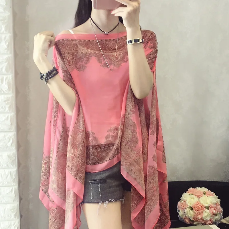 

2019 Fashion Floral Chiffon Blouses Women Spring Summer Style Beachwear Cover up Elegant Flower Print Chiffon Loose Shirt