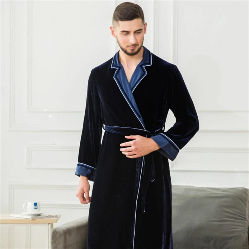 

IANLAN Spring Autumn & Winter Robe Nightgown Mens Real Silk Bathrobe Long Velour Sleepwear with Waistband Thick Pajamas IL00454