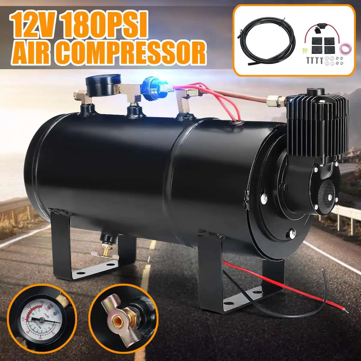 

12V Truck Car Air Compressor 180 PSI Pressure Gauge 4 Liters Tank Kit