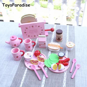 

Baby Toys Simulation To Strawberry Toaster Bread Machine Kitchen Food Western Breakfast Wooden Toys For kids Educational Gift