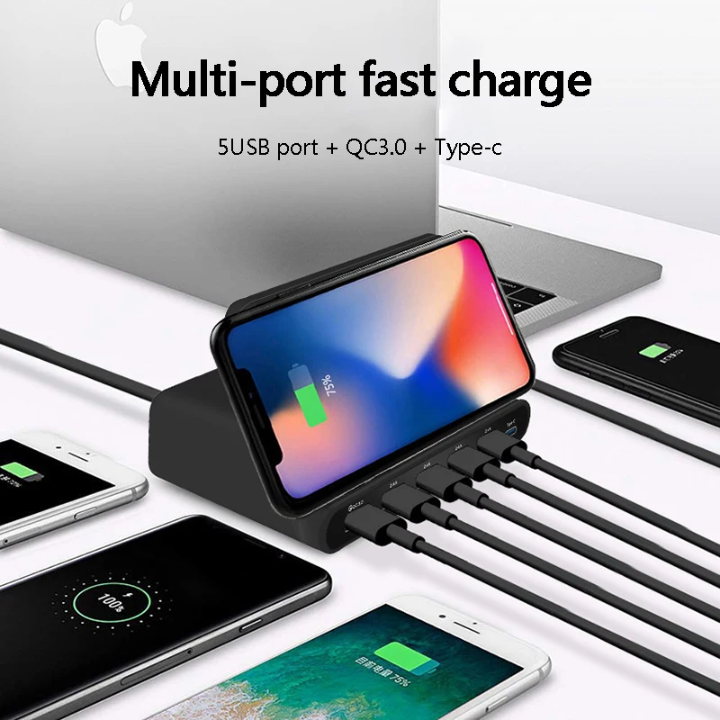 

7-in-1 Wireless Charger QC 3.0 Quick Charge 5 USB Ports Type C Charging Dock Station Stand for iphone Samsung Xiaomi Smartphone