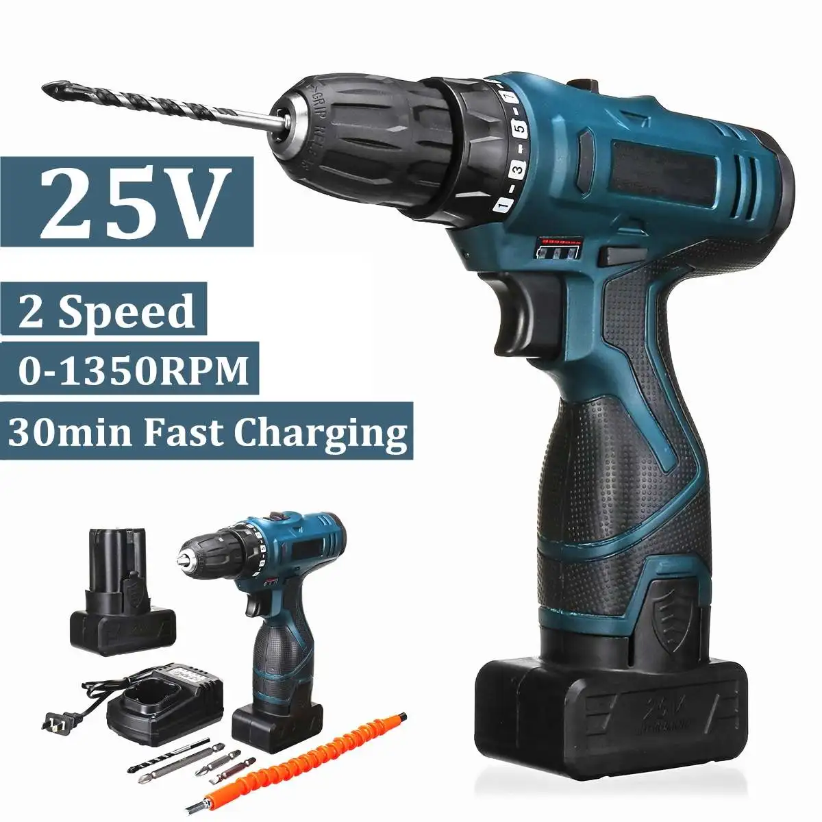 

25V 4400mAh 38Nm 1750 r/min Cordless Rechargeable Electric Drill ScrewDriver 1/2 Li-ion Battery LED Light 2 Speed 10MM Keyless